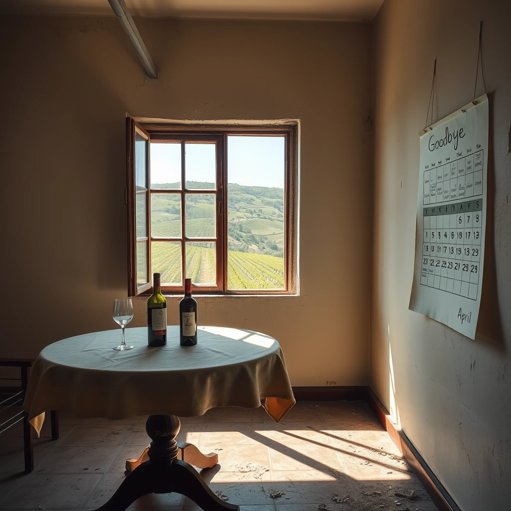 A room in an abandoned house, a kitchen table, a tablecloth on it, a bottle of wine and an empty glass, a window through which the sunlight enters, projecting the window frame onto the floor, outside the window you can see a rural landscape, with hills full of vineyards, on the wall, on the right, painted with a peeling paint, a hanging calendar, open on the month of April, on the 23rd of April a writing. Goodbye.