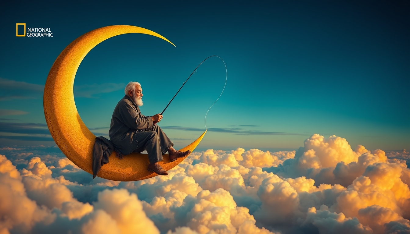 An old man sits serenely on a crescent moon, fishing among the clouds. The scene has an evening, tranquil atmosphere. It’s dreamy and whimsical. Deep depth of field, photography, National Geographic photo, hyper-realistic, 16k resolution, masterpiece, award-winning artwork, many details, extremely detailed, full of details, wide range of colors, high dynamic.