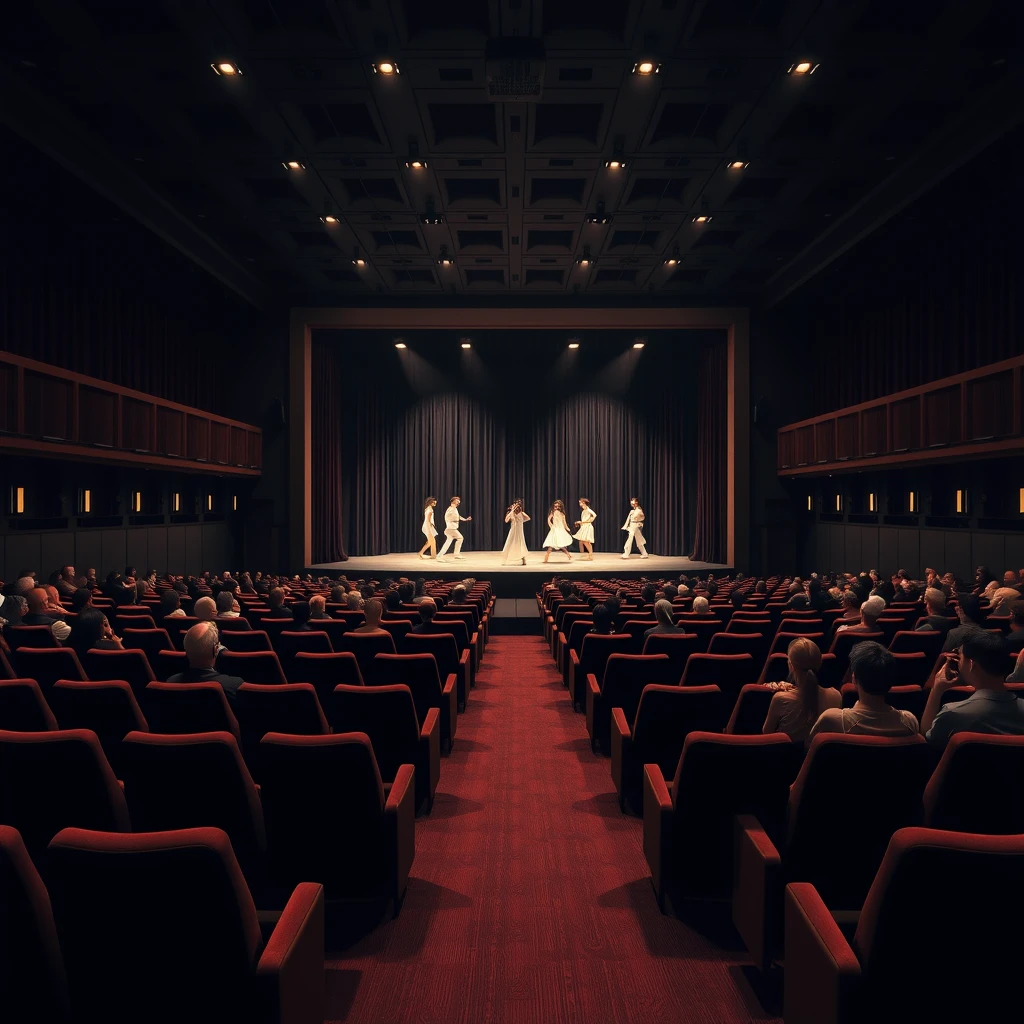 Internal view, photorealistic, of a theater hall 22.75 meters long and 10.10 meters wide, 7.10 meters high, with rows of dark velvet seats, for at least 150 seats, with an audience present in 35% of the seats, seen from behind. At the back of the hall is the stage, 1.20 meters high from the floor, where some dancers are performing a modern dance, dressed in white clothes. The hall is in semi-darkness, with only spotlights illuminating the stage.