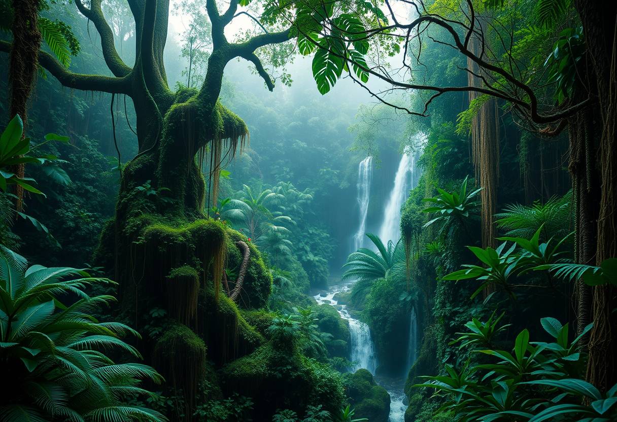 Lush, tropical rainforest, dense foliage, high quality, photorealistic, vibrant, breathtaking, waterfalls, misty, emerald green, ancient trees, hidden trails, tree frogs, vibrant orchids, hanging vines, moss-covered rocks, canopies, wildlife sanctuaries