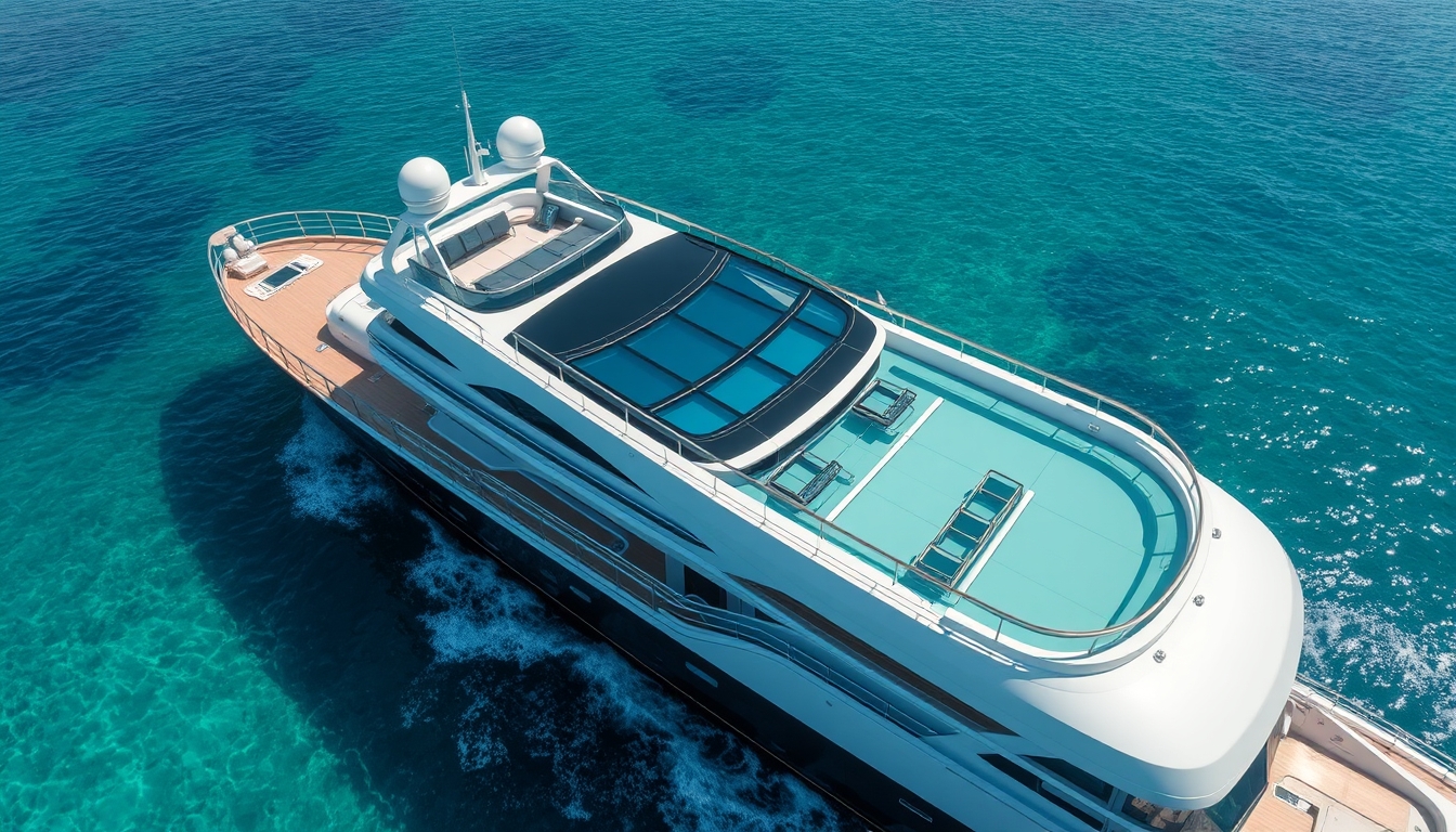 A luxurious yacht with a glass deck, cruising through crystal-clear waters.