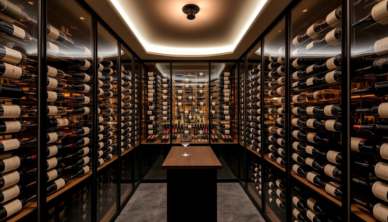 A sophisticated wine cellar with glass walls, showcasing a vast collection of bottles.