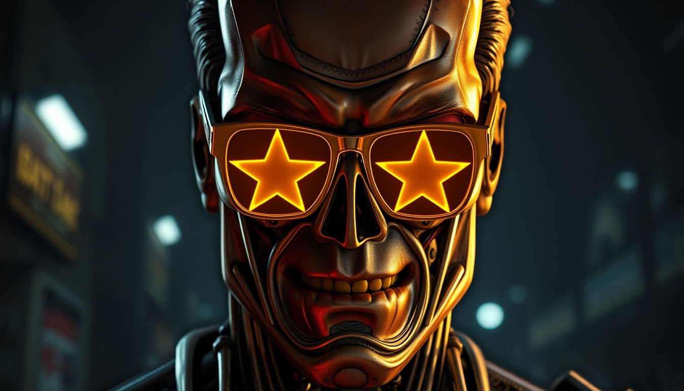 A highly detailed and realistic digital illustration of the Terminator wearing yellow star-shaped comic glasses with a little smile expression. The background is a dark, urban setting with subtle details. High resolution, rich textures, and a sophisticated color palette. Realistic details and textures, maintaining a sophisticated and rich color palette, Rich textures and subtle lighting, high resolution, cinematic film, Dynamic pose, photograph taken by Michael Bay on a CANON EOS C500 MARK II, f/22, Shutter Speed 1/1000, ISO 1000, 55mm lens, low lighting, cinematic scene, fx, HDR, epic composition, cinematic photo, hyper-realistic, hyper-detailed, cinematic lighting, particle effects, action photography, hyper realistic, 8k resolution, unreal engine, photorealistic masterpiece, smooth, real photography, full hd, Megapixel, Pro Photo RGB, VR, Good, Massive, Half rear Lighting, Backlight, Incandescent, Optical Fiber, Moody Lighting, Studio Lighting, Soft Lighting, Volumetric, Conte-Jour, Beautiful Lighting, Accent Lighting, Screen, Ray Tracing Global Illumination, Optics, Scattering, Glowing, Shadows, Rough, Shimmering, Ray Tracing Reflections, Lumen Reflections, Screen Space Reflections, Diffraction Grading, Chromatic Aberration, GB Displacement, Scan Lines, Ray Traced, Ray Tracing Ambient Occlusion, Anti-Aliasing, FKAA, TXAA, RTX, SSAO, Shaders, OpenGL-Shaders, GLSL-Shaders, Post Processing, Post-Production, Cell Shading, Tone Mapping, CGI, VFX, SFX. - Image