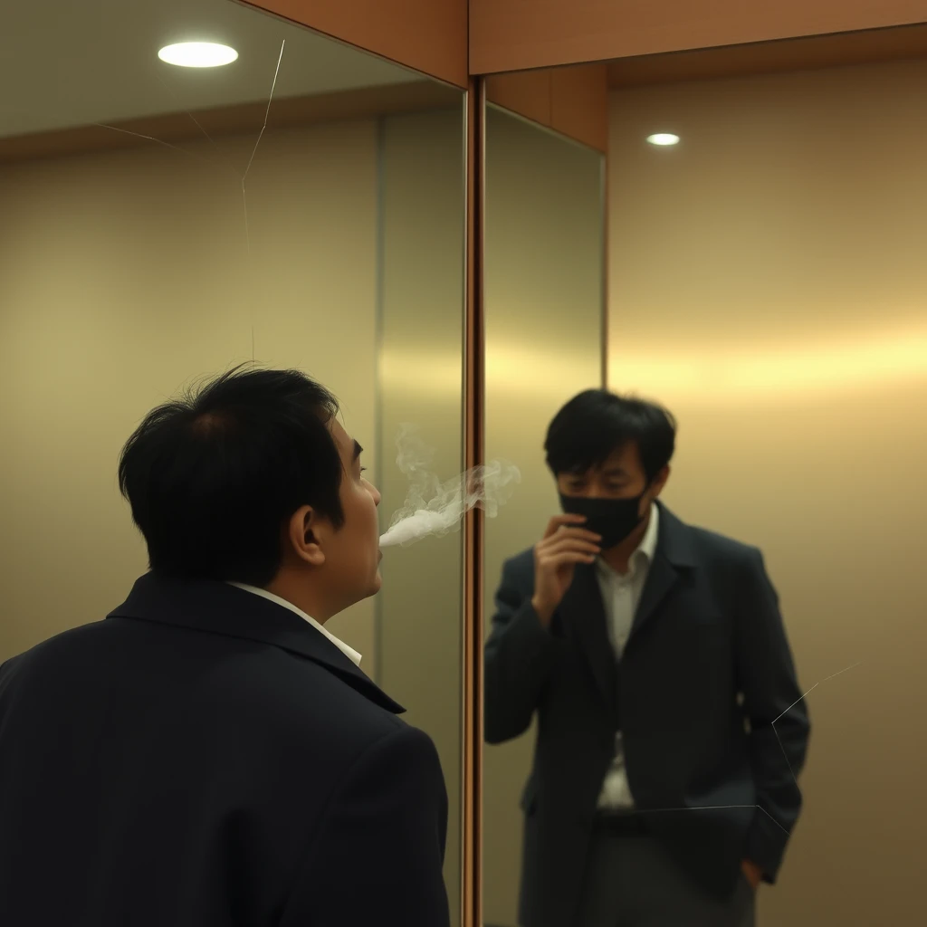 A Japanese man is smoking while looking in the mirror, which is a floor-to-ceiling mirror with cracks. - Image