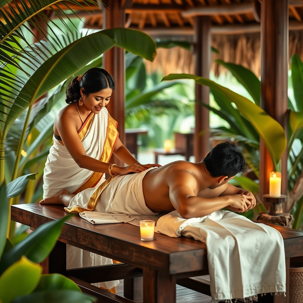 Create an image of a serene Kerala spa scene. A traditional Kerala lady in a white and gold saree (kasavu) gently massages a Kerala man lying on a wooden table, with his face turned away. The man wears a white dhoti. Surround the scene with banana leaves, coconut trees, and soft candlelight, set against a backdrop of traditional Kerala architecture like wooden pillars and a thatched roof. The lighting is warm and soft, enhancing the peaceful and authentic atmosphere.