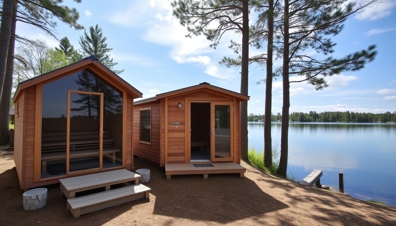 A peaceful lakeside retreat with a glass-fronted sauna overlooking the water.