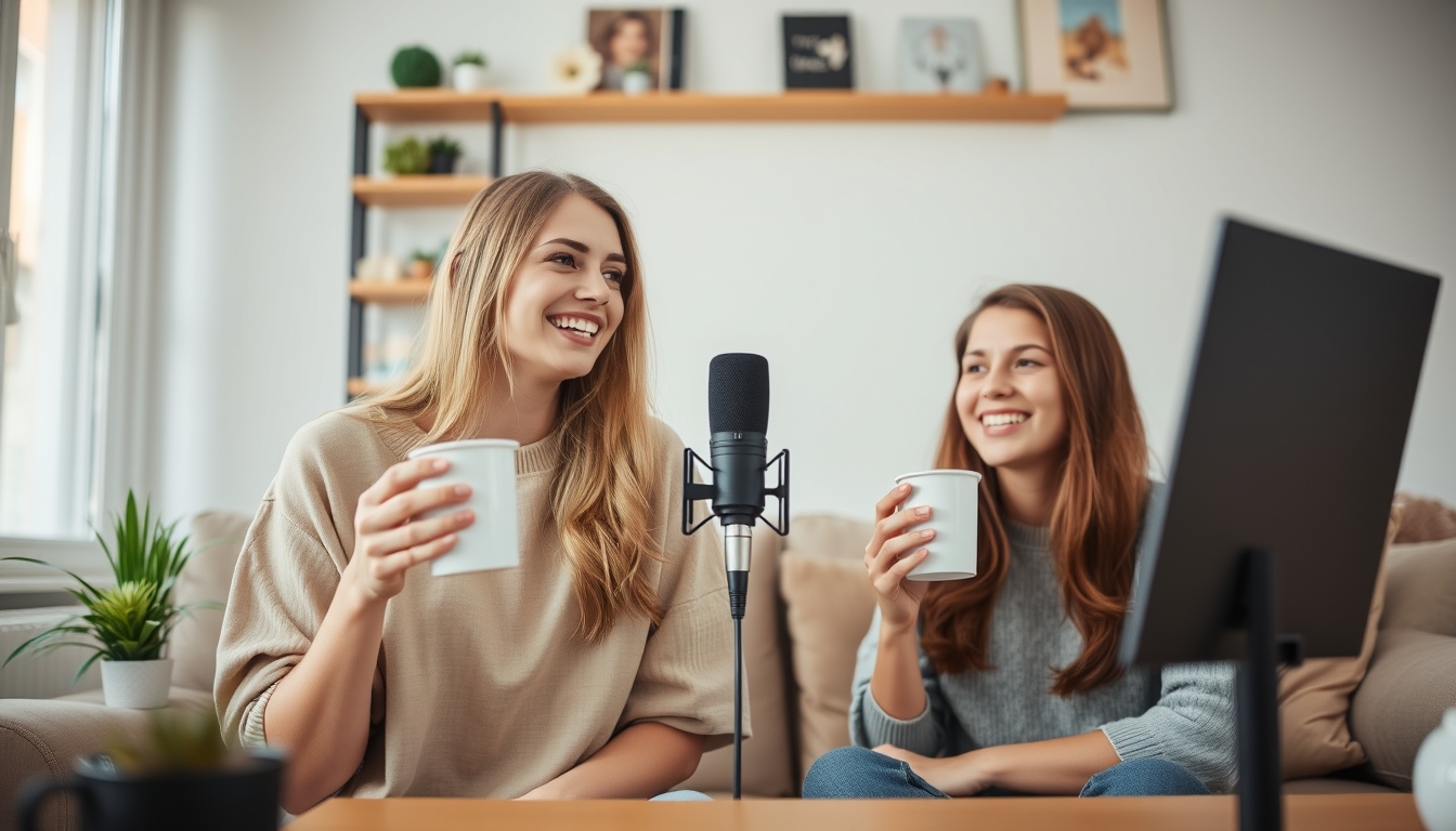 Young women with coffee cups recording a podcast at home.