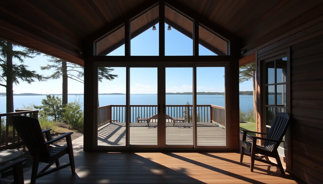 A serene lakeside cabin with a glass front, offering an unobstructed view of the water. - Image