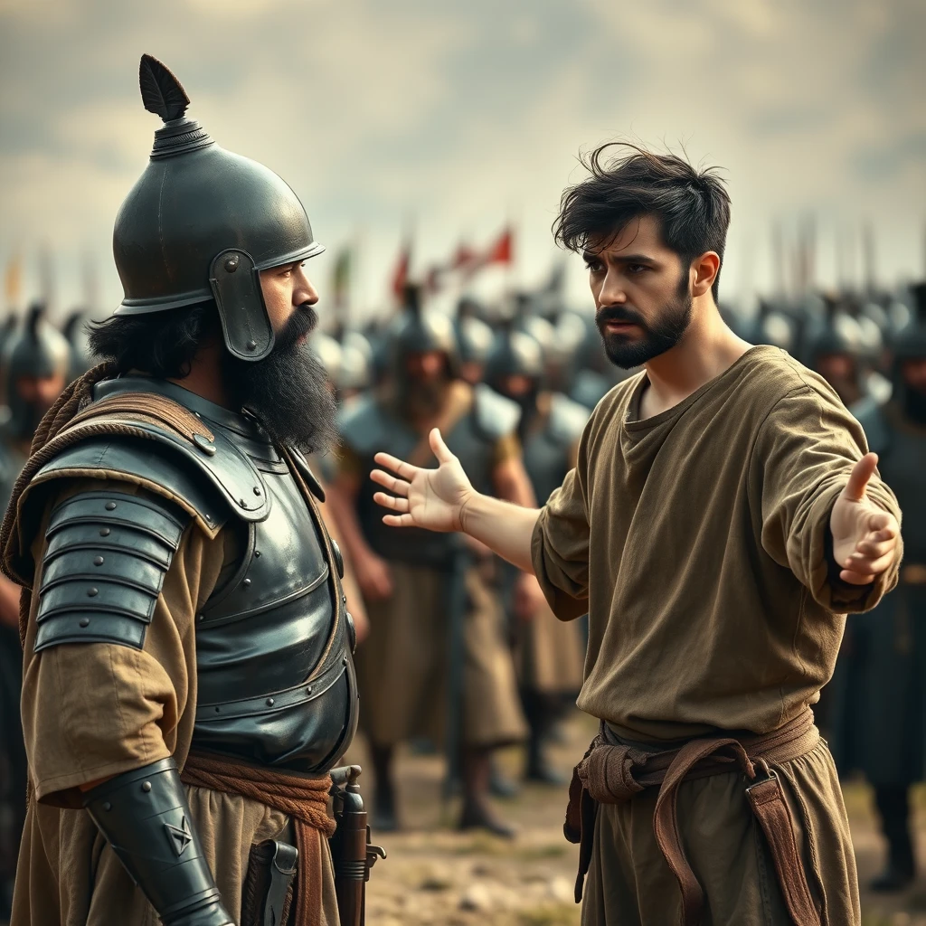 Two men are standing apart and arguing while a small group of soldiers gathers beside the man on the left. The man on the right is a young Jewish man, his arms stretched out to the sides, looking shocked with dark, messy, unkempt hair and a beard. He is dressed in a simple biblical-era shepherd's tunic and is sternly looking at the left eye of the other man. The man on the left appears to be middle-aged, also Jewish, with a black beard, wearing full leather armor from the biblical era and a conical helmet with a pointed tip. In the far background, there is a blurred front of a large biblical-era army. The overall mood of the image conveys anxiety and concern.