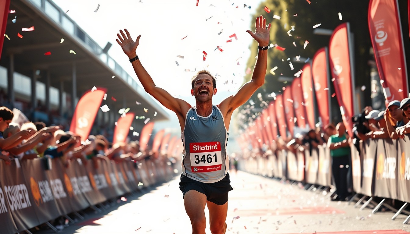 "Triumphant athlete crossing the finish line, arms raised in victory, confetti falling, sunlight illuminating their face, intense joy and accomplishment." - Image