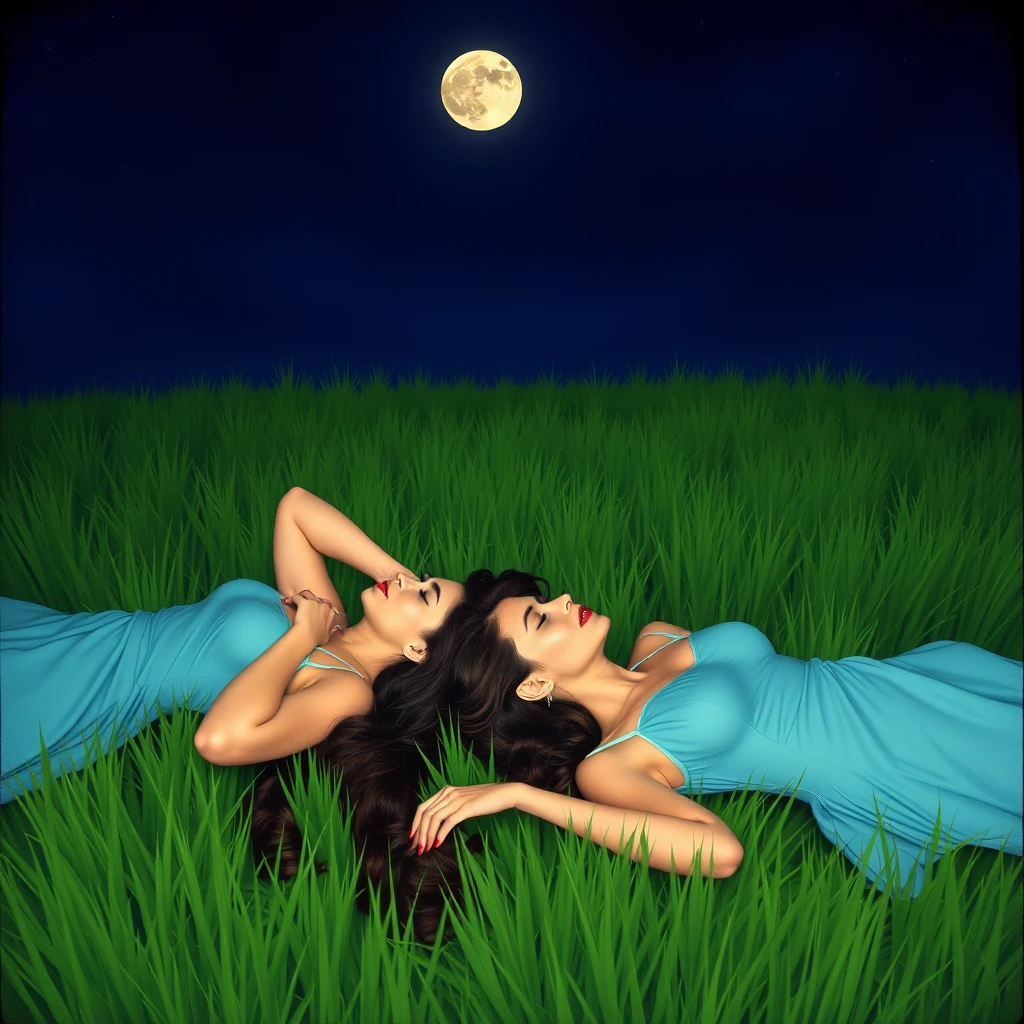 Women lying on a field of grass under a full moon at midnight. - Image