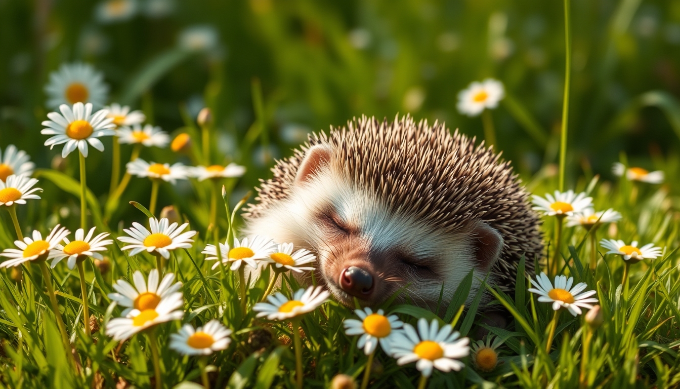 A cute hedgehog sleeping in a field of daisies with the sun shining through the grass. - Image