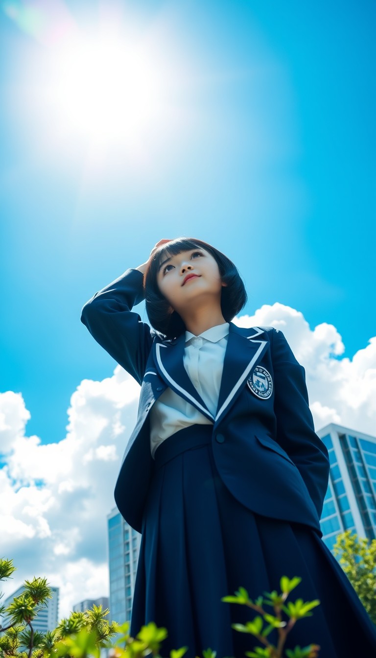 A Japanese high school girl with short black bob hair, wearing a traditional Japanese school uniform consisting of a white blouse, a navy blue skirt, and a navy blue blazer with a school emblem. She is standing outdoors under a bright blue sky with large, fluffy white clouds. The background includes a cityscape with modern high-rise buildings. The composition captures her from a low angle, emphasizing the vast sky and clouds behind her. The sun is visible in the upper left corner, creating a strong lens flare effect. The girl is looking up and slightly to the side with a serene expression. She is not holding anything above her head. The lighting is bright and creates high contrast, typical of a sunny summer day. Some green foliage is visible in the foreground, likely from trees or bushes. The overall scene has a crisp, clean aesthetic with vivid colors, capturing the essence of a bright, clear day in an urban environment.