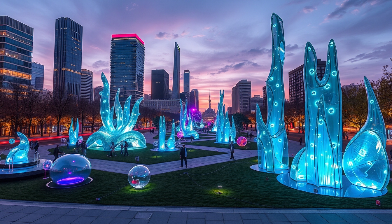 A futuristic city park with glass sculptures and interactive installations.