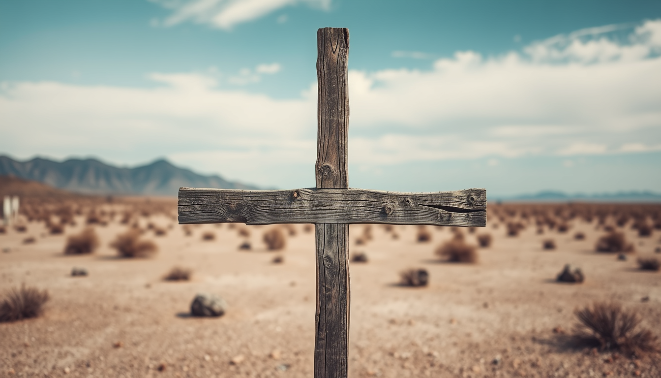 A cross made with the visibly dry rot wooden planks. The cross is standing in a barren desert landscape. The overall feel is depressing and desolation.