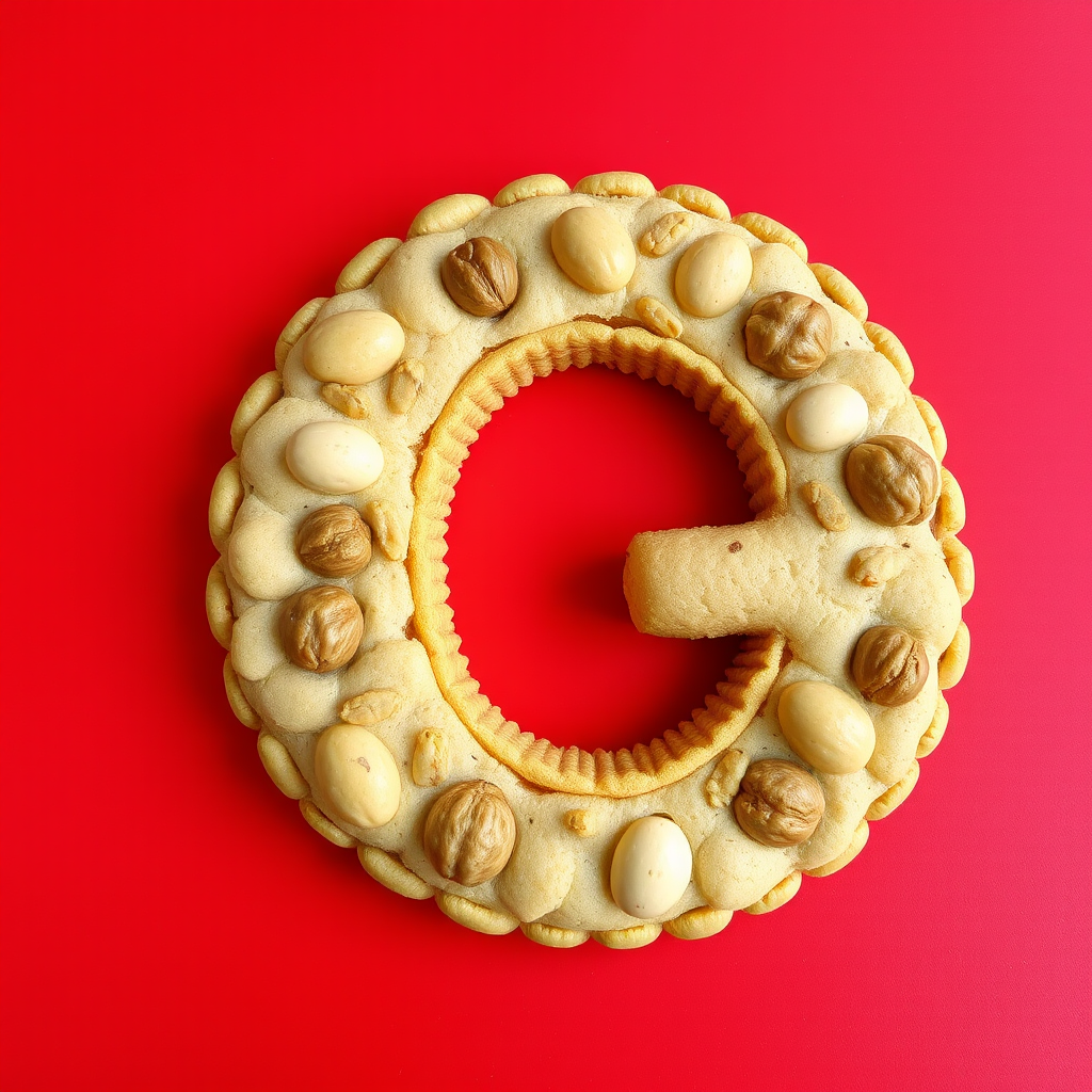 A letter "G" made of nut cookies, red background, realistic photograph.