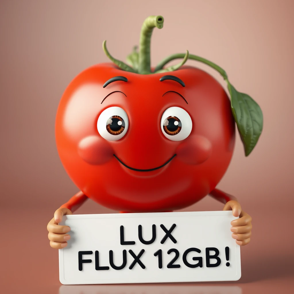 3d render, masterpiece, a cartoon tomato with human features holds a sign with text: "FLUX 12GB!"