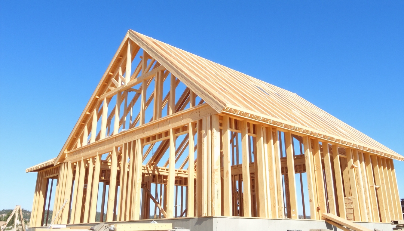 The wooden frame of a house under construction.