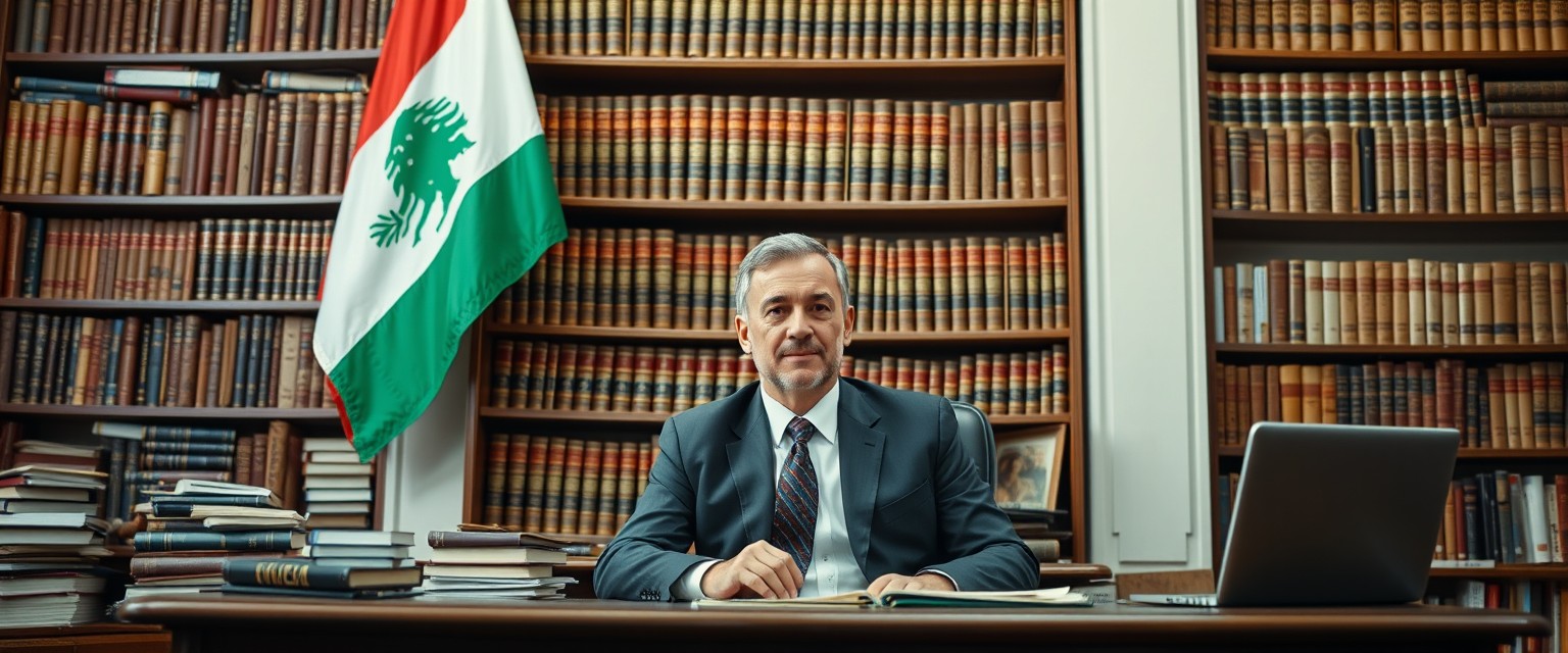 Lawyer sitting at his desk in a vintage law firm, behind him the Lebanese flag on a pole, and books covering the wall behind him on an old vintage bookshelf.