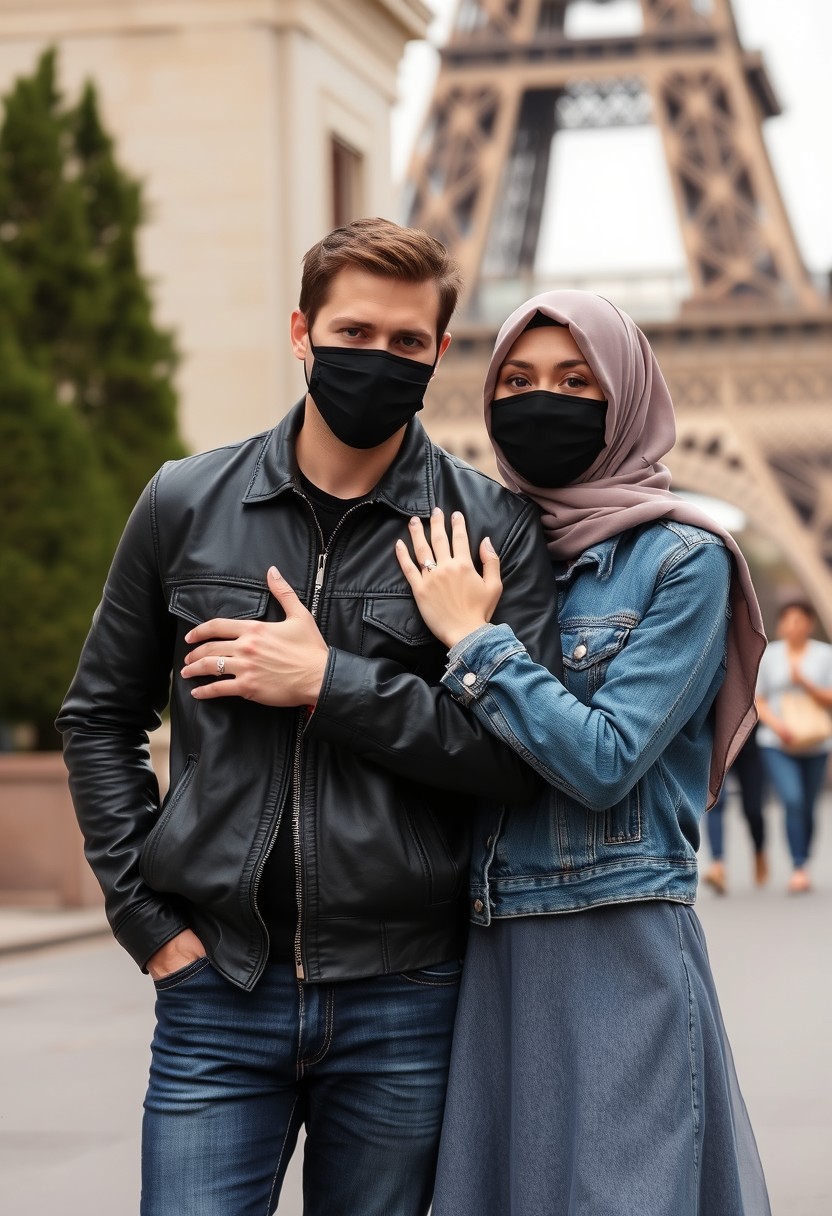 Jamie Dornan, handsome, black face mask, black leather jacket, jeans, dating, love, couple with the biggest hijab Muslim girl, beautiful eyes, black face mask, jeans jacket, biggest skirt, wedding rings, Eiffel Tower, realistic, street photography.