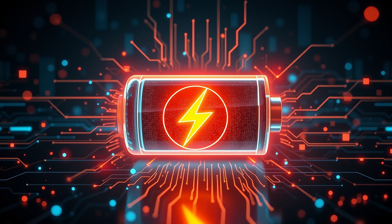 A High-Tech Battery with a Lightning Icon Surrounded by Digital Elements - Image