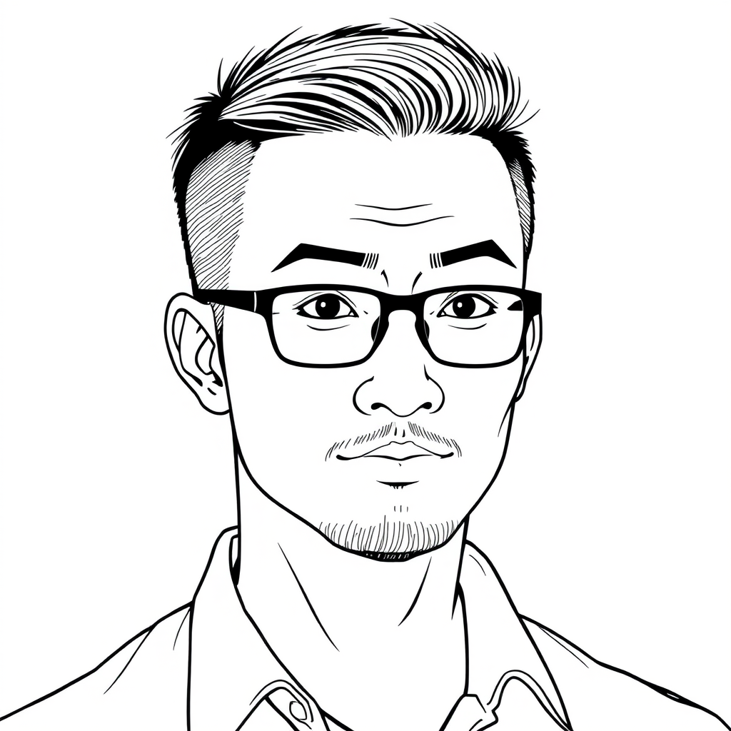 A cool line drawing of a 35-year-old man’s head, with short crew cut hair, a robust build, Chinese descent, wearing framed glasses, a slightly short beard on his chin, in a shirt, with a slightly rogue demeanor, and a face that is not too thin.