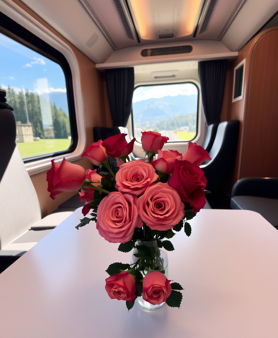 train compartment, bouquet of roses on a table, perfect composition, beautiful view