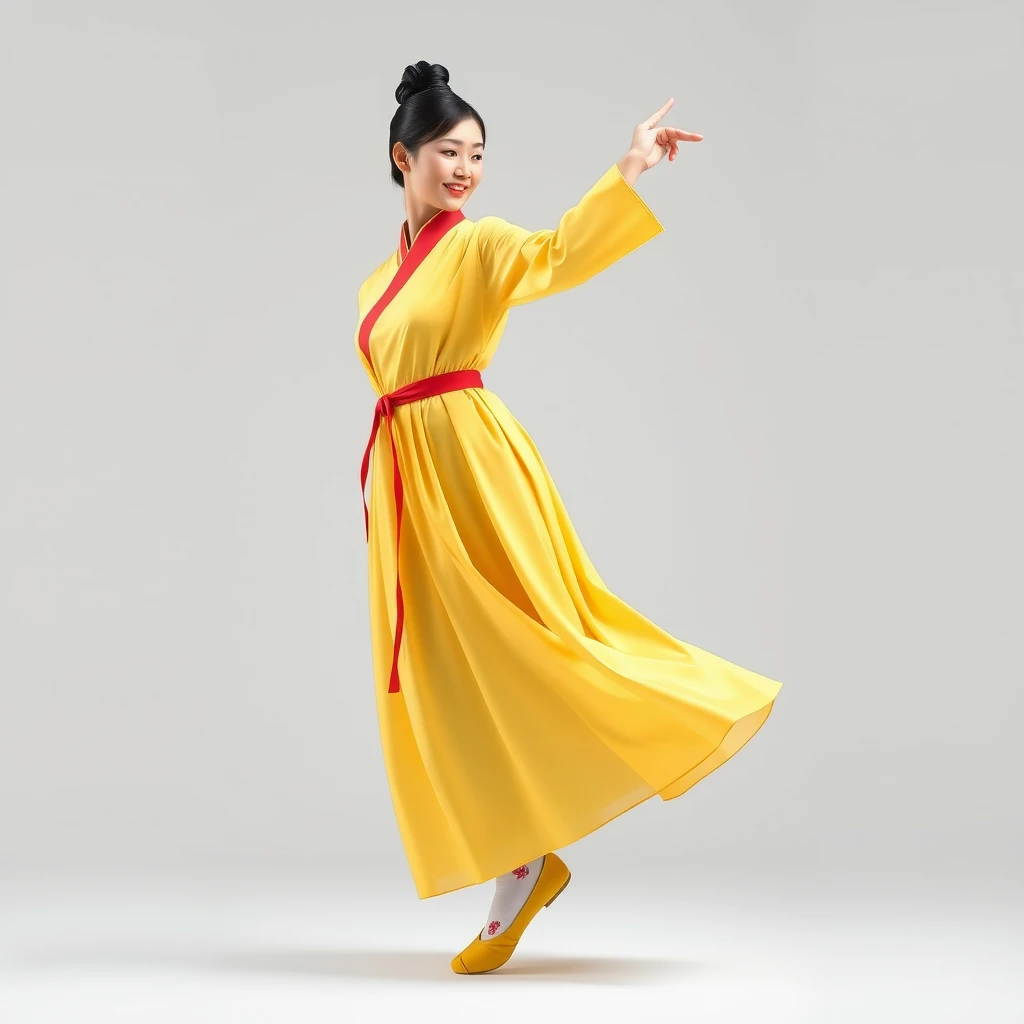 A single Korean woman dancing in a yellow traditional Korean costume. Dancing classically, daintily, and nobly. FULL SHOT, yellow traditional shoes, neatly tied black hair. Full body is visible, feet in white flowered socks, nimble movements. - Image