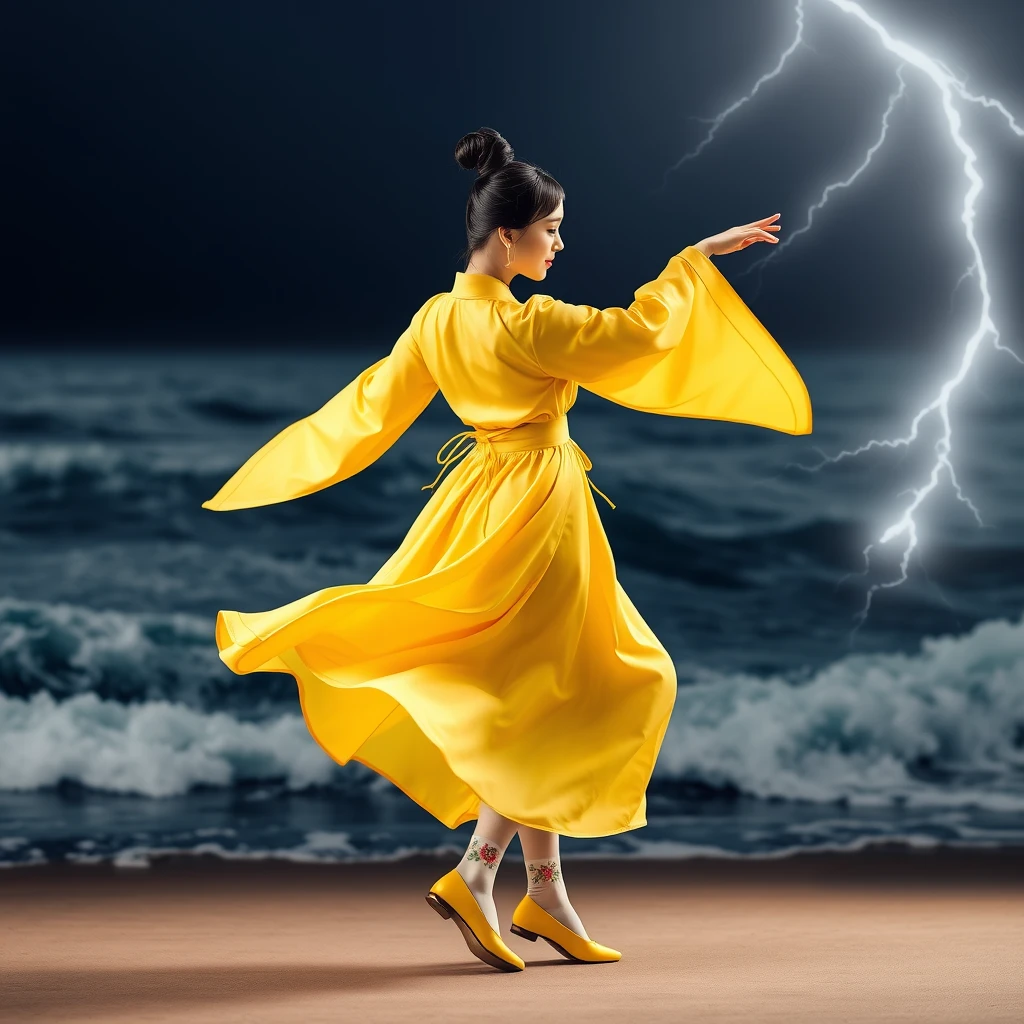 Korean woman dancing in a yellow traditional costume. Waving sea. Lightning and thunder, graceful and noble dancing. Full shot, yellow traditional shoes, neatly tied black hair, white floral socks, agile movements. - Image