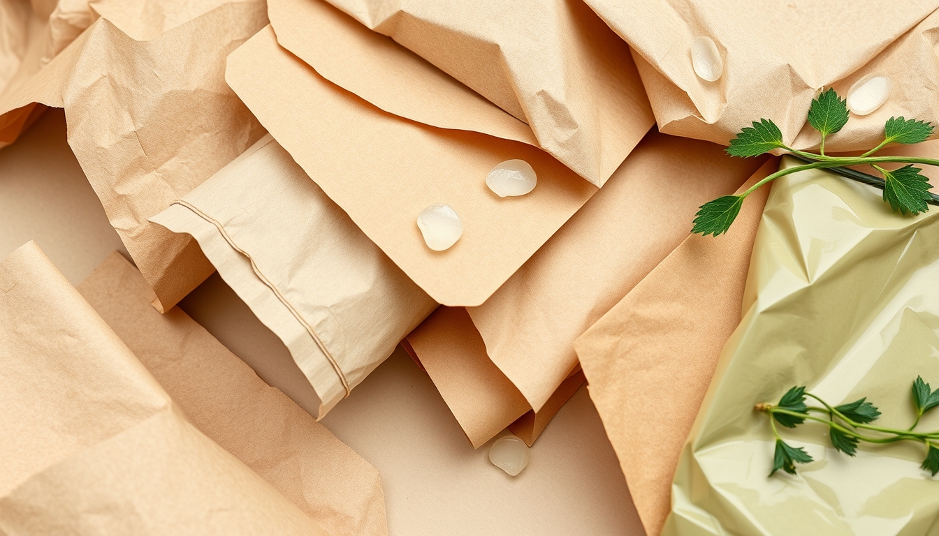 A detailed close-up of sustainable packaging materials, including cardboard, paper, and biodegradable plastics, arranged aesthetically on a neutral background.