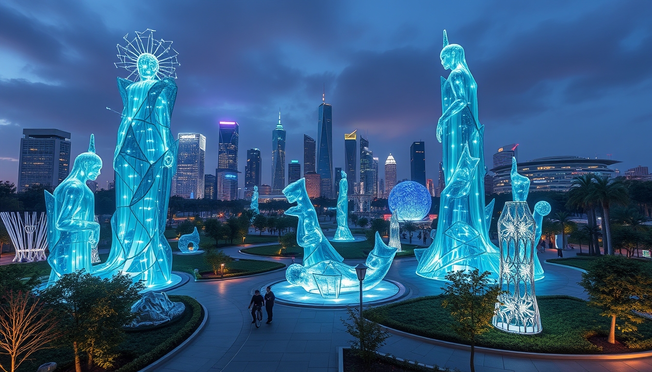 A futuristic city park with glass sculptures and interactive installations. - Image