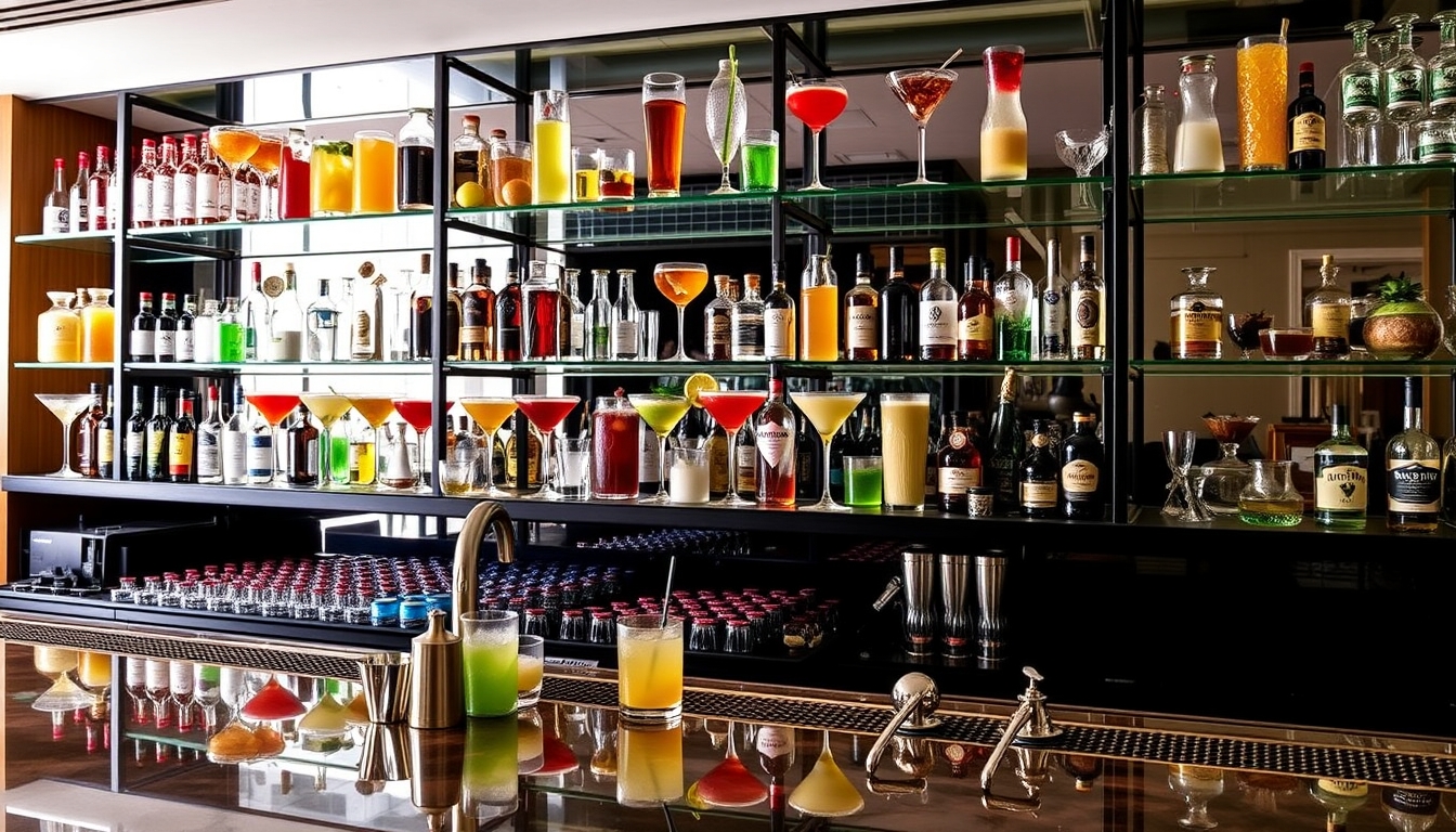 A sophisticated cocktail bar with glass shelves showcasing an array of colorful drinks. - Image