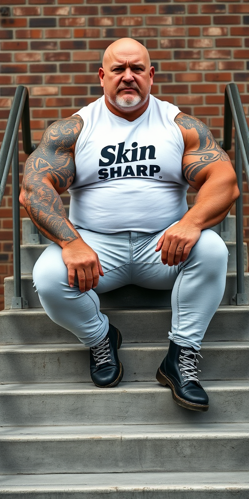 Prompt: a portrait-style photograph featuring an extremely huge 50-year-old muscular, beefy, handsome, masculine male skinhead bodybuilder sitting on a set of concrete stairs. He has a bald head, light skin, and is wearing a white t-shirt with the Skin Sharp logo on it. His enormous muscular arms are heavily tattooed with intricate designs. He also has huge muscular pectorals and defined abdominals. He is wearing tight bleached denim trousers that highlight his huge muscular legs and black knee-high Dr. Martens boots with white laces. The background consists of a brick wall and metal handrails on either side of the stairs. The overall setting appears to be industrial. - Image