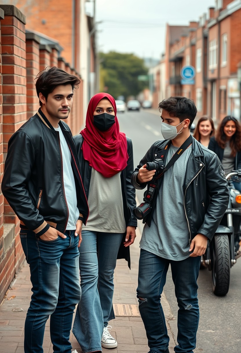 Jamie Dornan and Freddie Prinze, head and body shot, handsome, young, serious face, dark brown hair, white t-shirt, college jacket, skinny jeans, sneakers, standing, discussing with two guys and a Muslim girl wearing a short red hijab, beautiful eyes, black face mask, black leather jacket, grey long t-shirt, bell bottom jeans, holding a Canon DSLR camera, near a town road, superbike, hyper-realistic, street photography, brick wall, full body photo, five other random smiling friends at the back. - Image