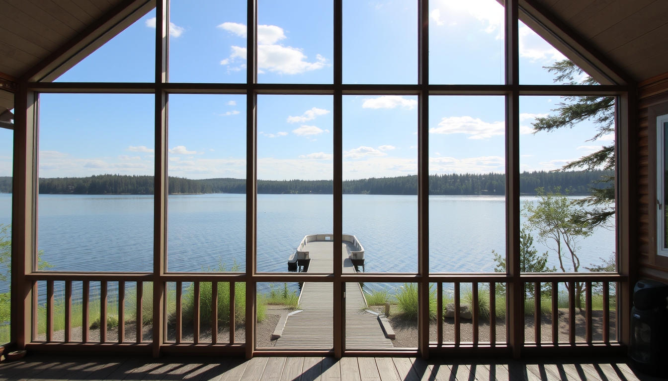 A serene lakeside cabin with a glass front, offering an unobstructed view of the water. - Image