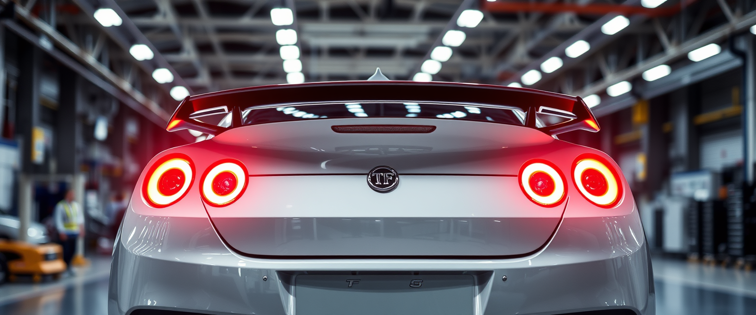 TF car in a factory with lights reflecting off the car's rear body, and the backlight is illuminating the nice car body.