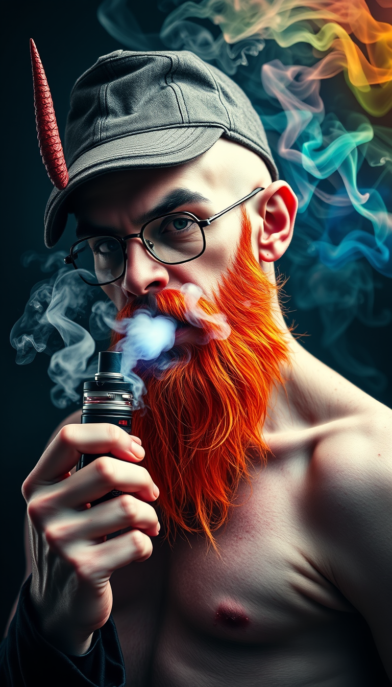 Three-quarter view of a sinister, bald human male with necromancer lich features. Demonic horns, short fiery ginger beard contrasts with dark eyebrows. Wears a weathered flat cap and aviator glasses. Clutches a sleek vape mod, exhaling dense, swirling vapor clouds. Vibrant e-liquid drips off his pale skin, creating a colorful aura. - Image