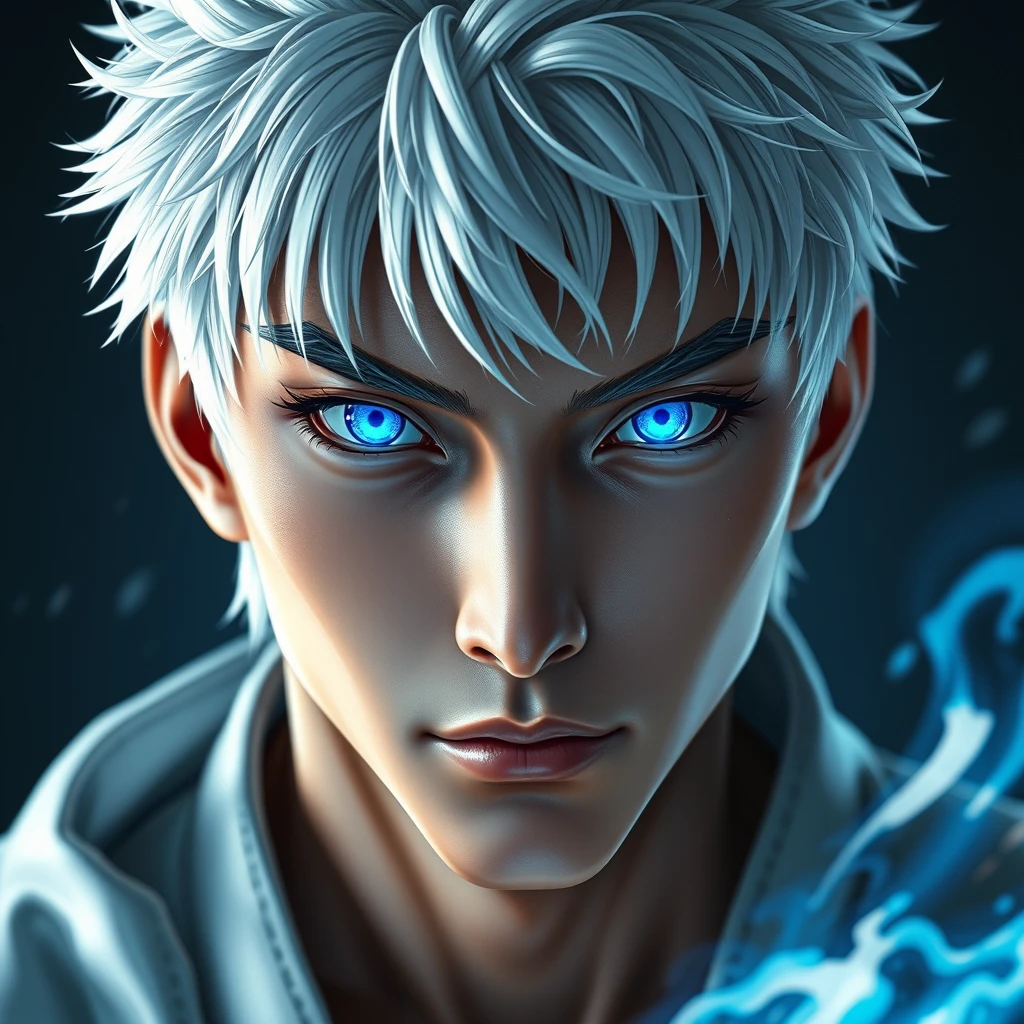 Asian guy with white hair, Gojo Satoru from Jujutsu Kaisen, with blue magic eyes, realistic RAW photo, guy looking at the camera, realistic skin, realistic human face.