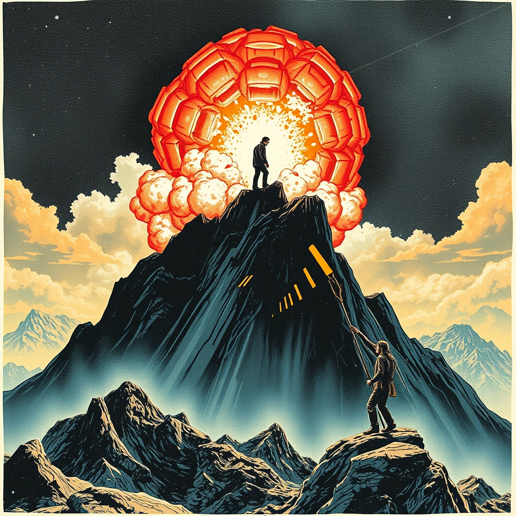 perspective pop rock fluorescent collage sci-fi steampunk machinery extra dust particle cloud octane render and paper art ink art Méliès, Jules Verne, big-eyed creature from hell, burning mountain, sad human climbing the sky