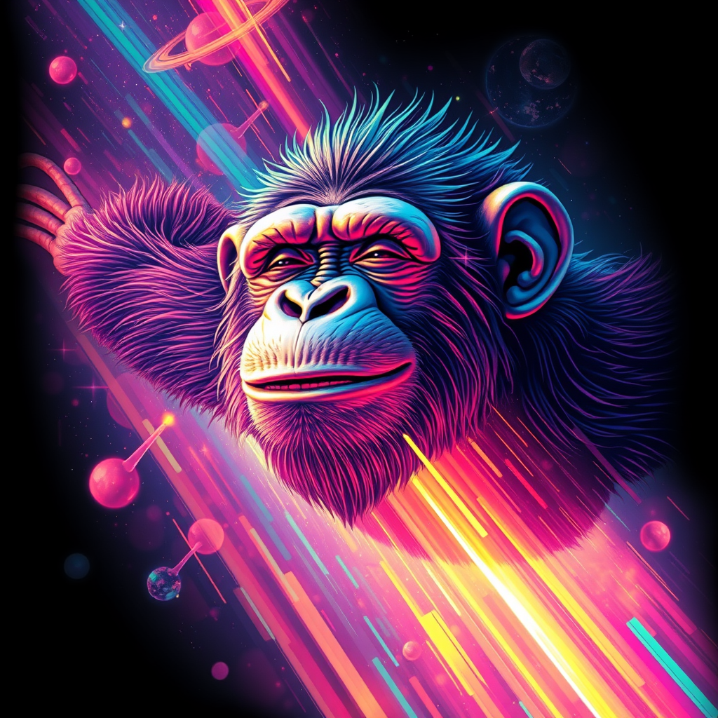 A tee shirt design of a peaceful smiling ape flying through a dreamy space world, with vibrant rainbow color flashes interspersed, while his eyes are closed with a serene expression. Tee shirt design. Striking and visually stunning. Glitchy edges fading to black around the entire image. Digital painting with a subtle beautiful acid rainbow cubic glitch effect throughout. The entire image should have a glitchy border that fades to black on the outside. - Image