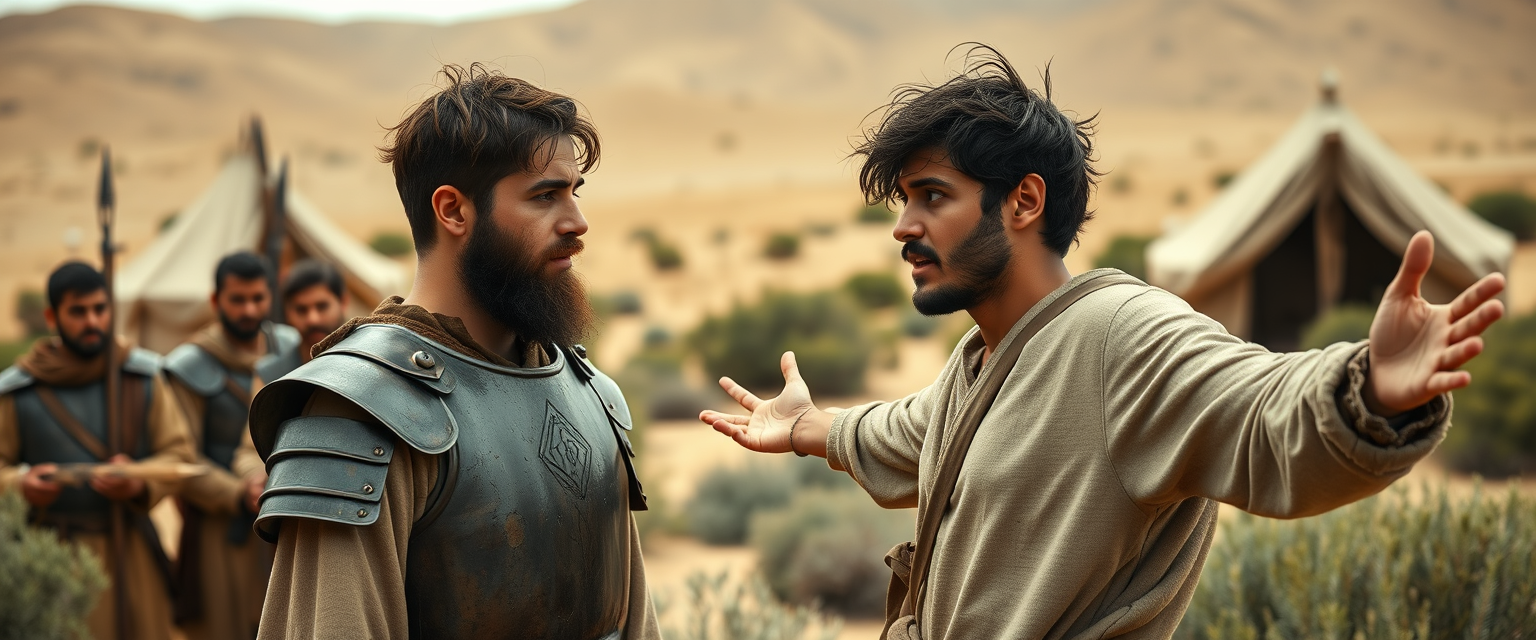 Create a scene of two men facing one another. The man on the right is a young Jewish man in his mid-20s, dressed as a simple shepherd. He is posed dramatically, with his arms stretched out to the sides like an orator. He has dark, messy, unkempt hair and a beard, looking shocked as he gazes off-camera towards the left. The man on the left is a slim Jewish man in his mid-30s, with messy hair and a Jewish beard, wearing only simple biblical-era Israelite armor. A group of four ancient biblical-era Israelite soldiers crowds around the man on the left. In the background, Arabic army tents are pitched on desert shrubland. The overall mood of the image conveys anxiety and concern. - Image