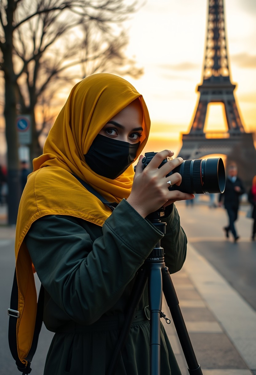 Biggest hijab yellow Muslim girl, beautiful eyes, face mask black, green army leather jacket, biggest skirt, camera dslr canon, tripod, taking photos of Eiffel Tower, sunrise, morning scenery, hyper-realistic, street photography.