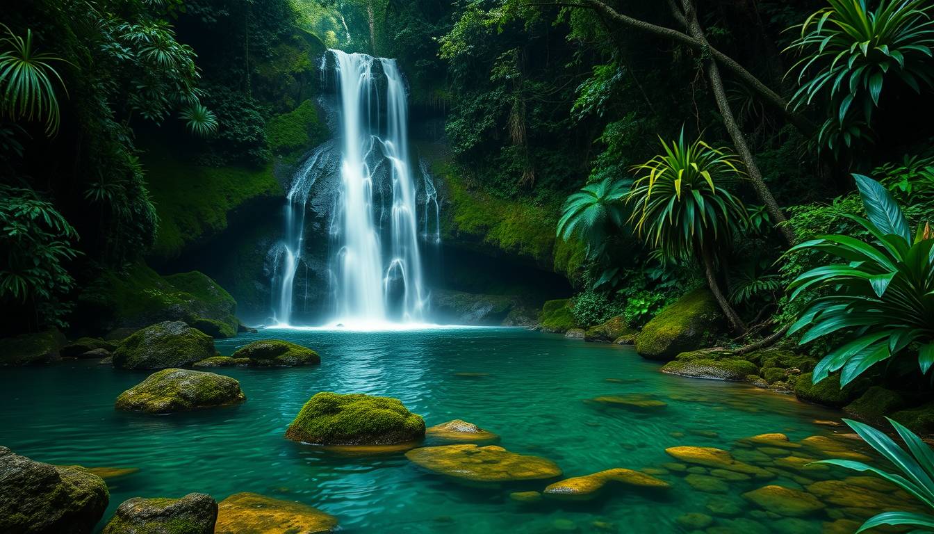 Rfall, cascading, clear water, lush greenery, high quality, photorealistic, hidden oasis, serene, rainforest, breathtaking, secluded::0.8 moss-covered rocks, tropical plants, natural pools, jungle trails, mist, - Image