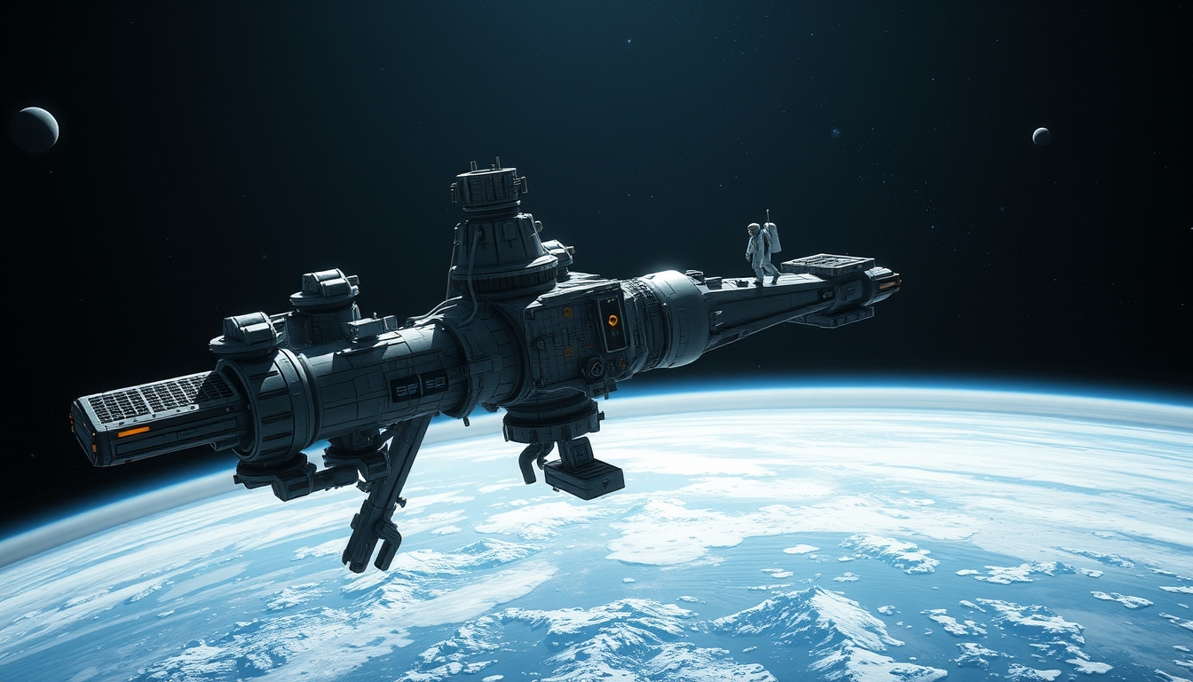 A high-detail render of a futuristic space station orbiting a distant planet, with astronauts conducting a spacewalk and distant galaxies in the background.