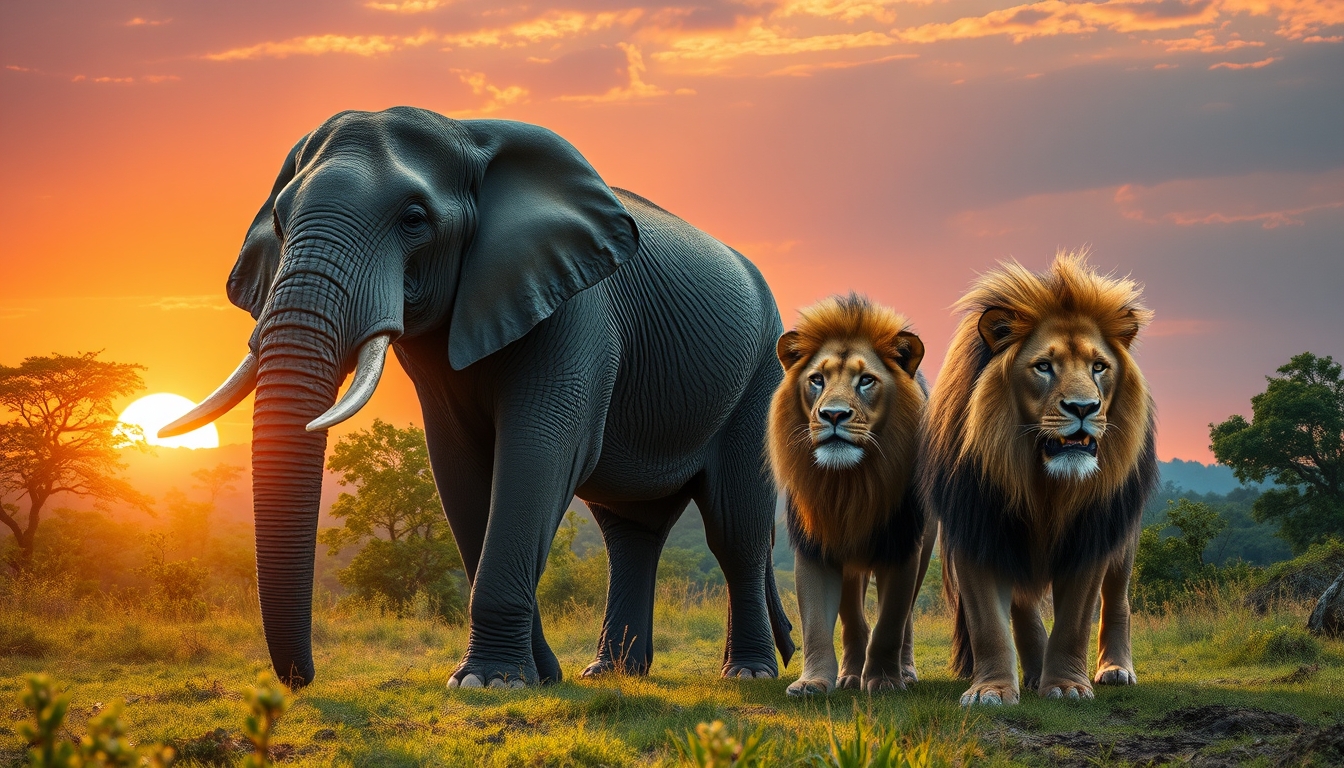 'Create an image of a bright photo that contains four animals in the forest with a sunset: an elephant, a dungo, and a lion.'