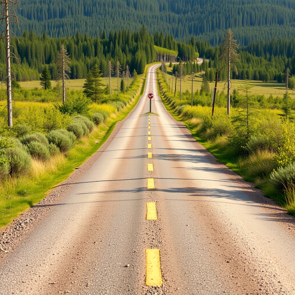 A road in the wilderness, a road that starts at the bottom of the screen and splits into two paths (crossroad) in the middle of the screen, and each path extends left and right. At the crossroad, there is a milestone. - Image