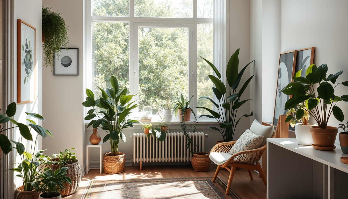 A serene interior space with natural light streaming in, featuring minimalistic decor, indoor plants, and a cozy reading nook. - Image