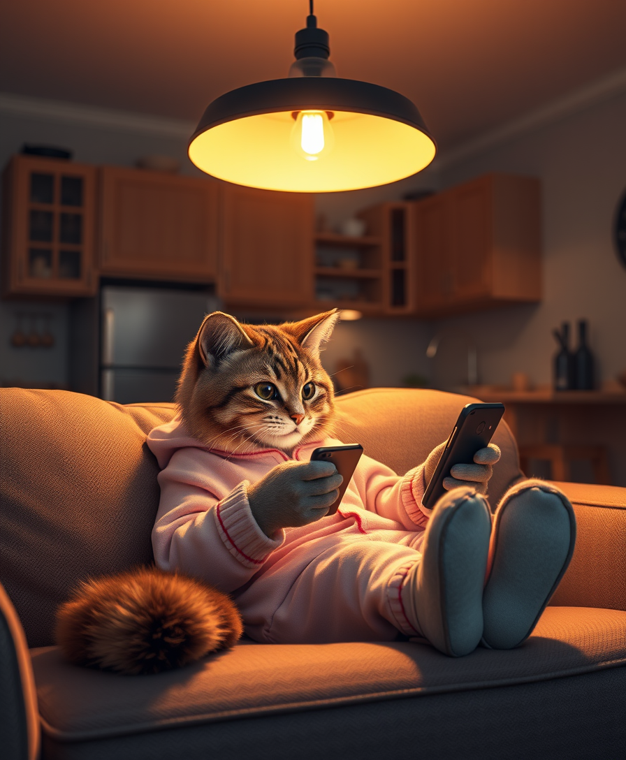 A delightful realistic photo showing a charming anthropomorphic cat dressed in cozy pajamas and lounging on a soft sofa in a dimly lit room. A cat with a fluffy tail and expressive eyes stares intently at his smartphone, immersed in digital content. The warm golden light of the pendant lamp creates a soft glow, creating a cozy and relaxing atmosphere. In the background, there is a simple kitchen area with cabinets, countertops, and various kitchen utensils, which creates an atmosphere of comfort and well-being in the house. This charming scene evokes a feeling of serenity and warmth and is ideal for a calm evening or night setting. - Image