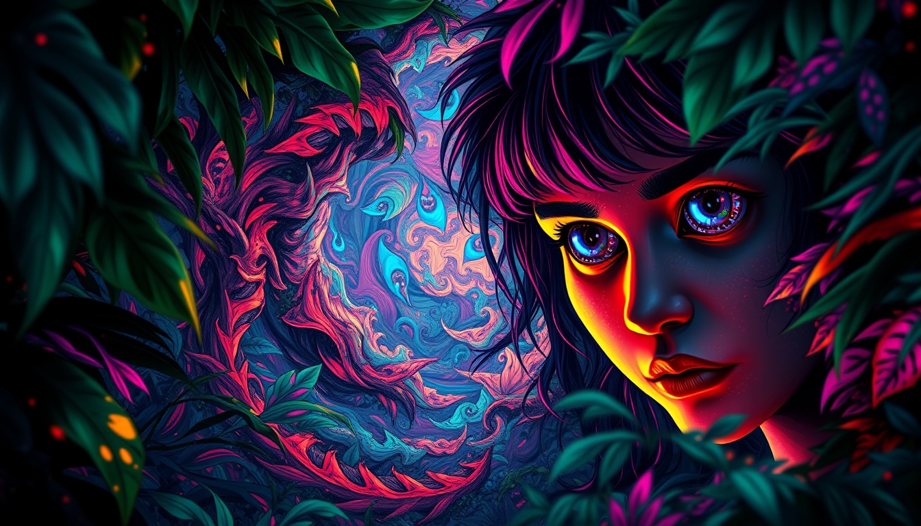 The scene shifts to an abstract visual, where the jungle around them morphs into a swirling mix of colors and patterns. Leaves turn into fractals, and the characters’ eyes widen, reflecting neon hues. The atmosphere grows intense as reality blurs. Surreal and vivid, combining the raw, untamed beauty of the Amazon Jungle with otherworldly psychedelic visuals and futuristic, neon-lit cyberpunk elements. - Image