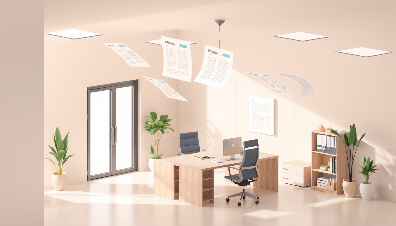 Modern Isometric Office Space with Floating Financial Documents in Soft Tones